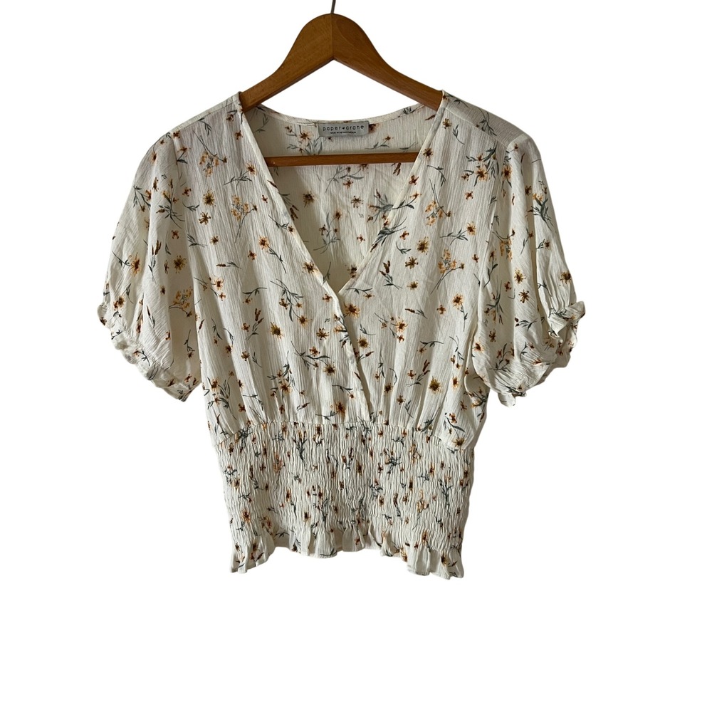 Paper Crane Cottagecore Top Medium Floral Smocked Waist V-Neck Blouse Fairy